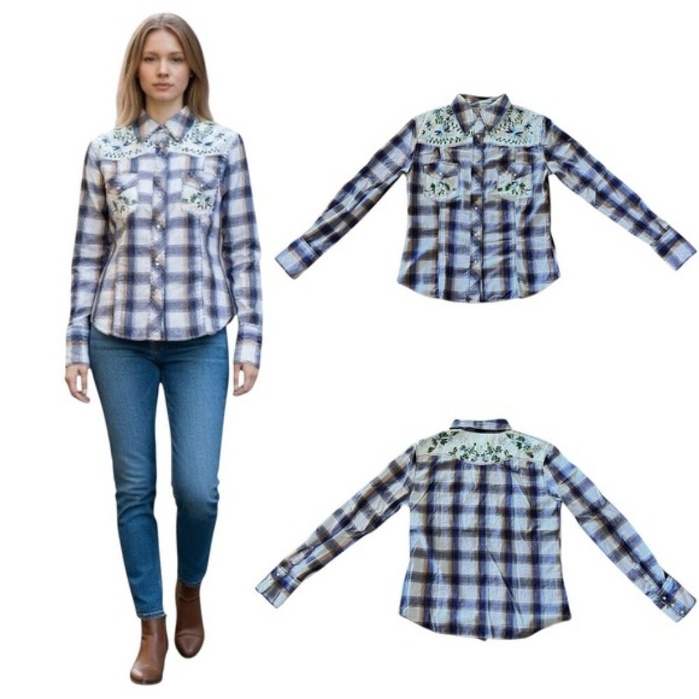 Vintage Rebel Plaid Embroidered Blue & White Floral Rhinestone Pearl Snap Shirt